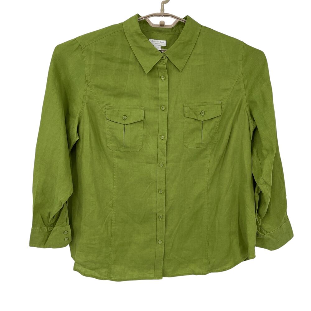 Charter Club Womens 100% Linen Button up Top Blouse Shirt Green size 20W